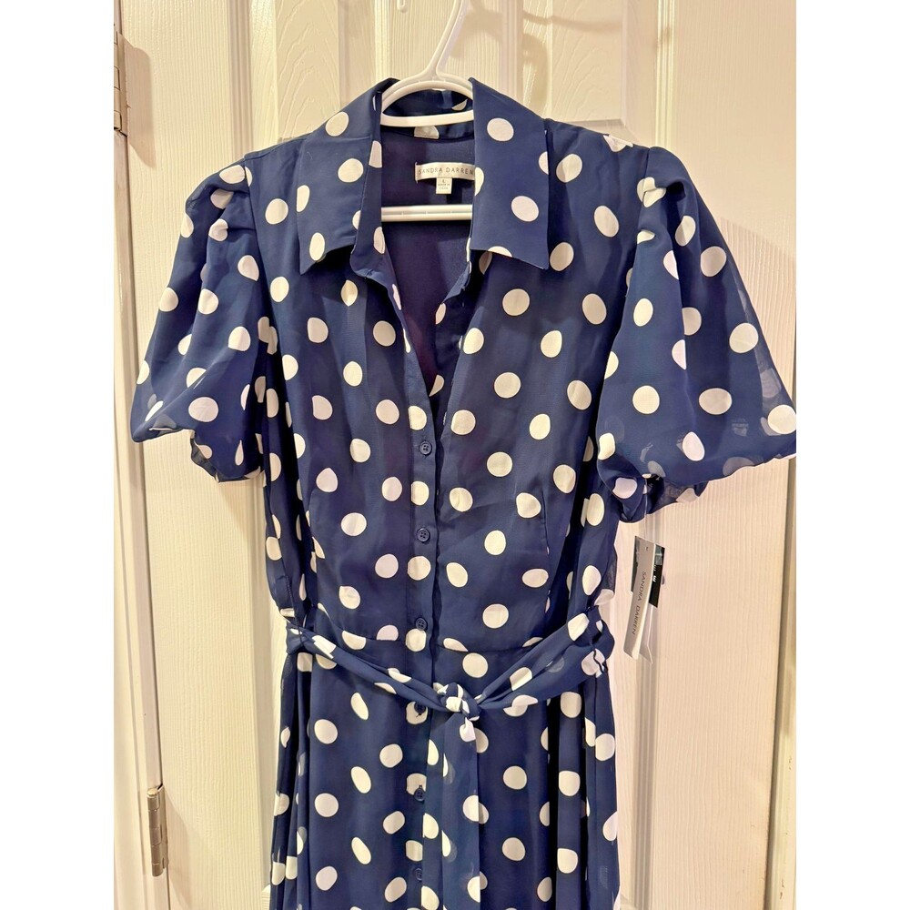 Sandra Darren Polka Dot Shirt Dress Navy Blue Midi Belted Button Front Sz L NWT - Picture 5 of 13